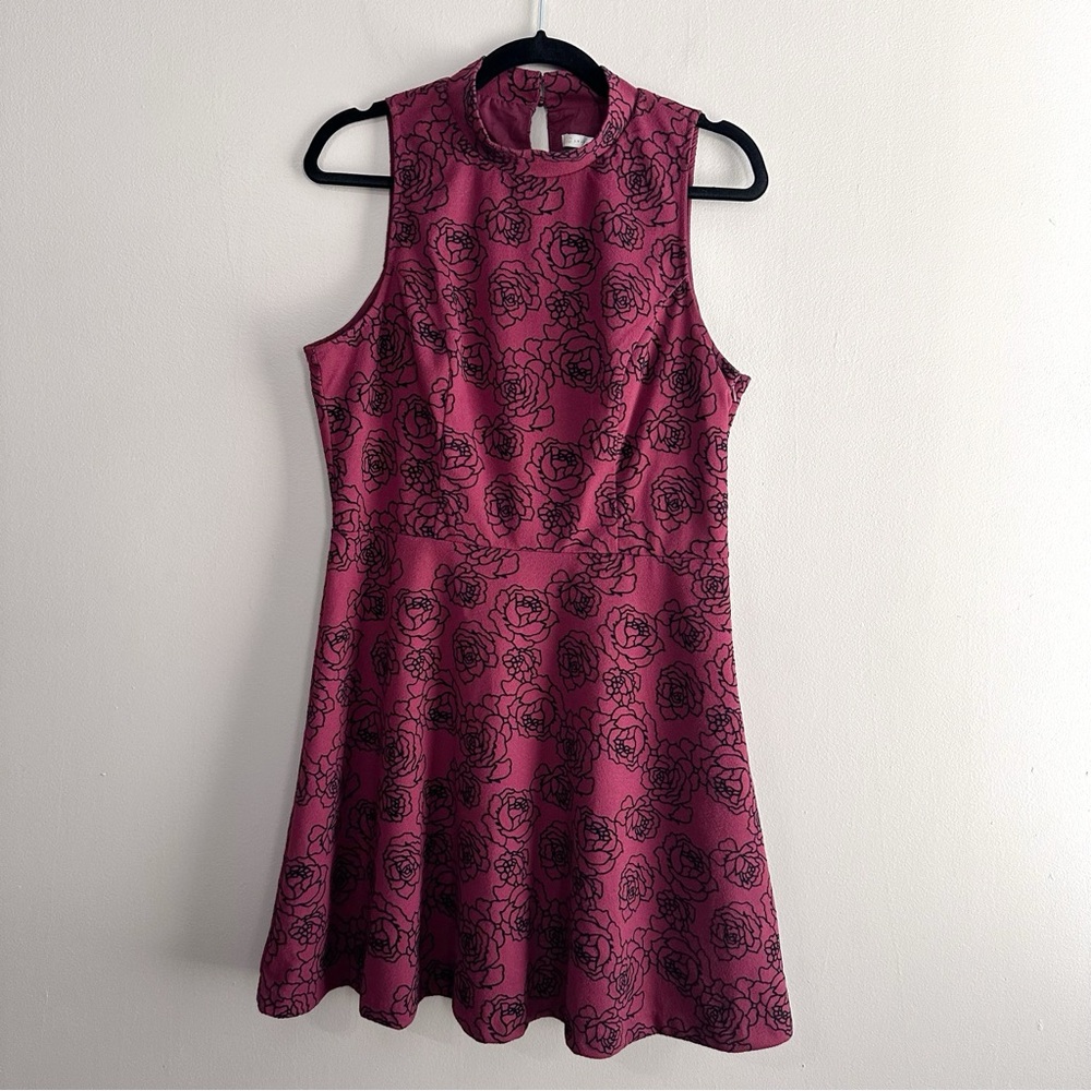LC Lauren Conrad Burgundy Black Velvet Rose High Neck Mini Dress Womens 14